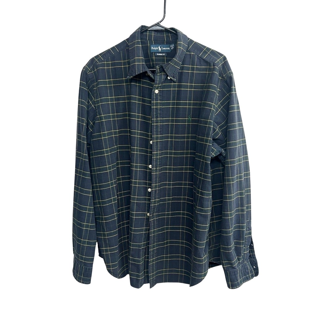 Polo Ralph Lauren‎ Shirt XXL Navy Yellow Plaid Classic Fit Button Down Preppy